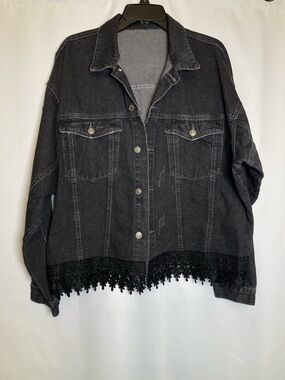 SF Cai Jeans Strauss & AO Black Denim Jacket with Crochet Lace Trim Hem, Sz XXL
